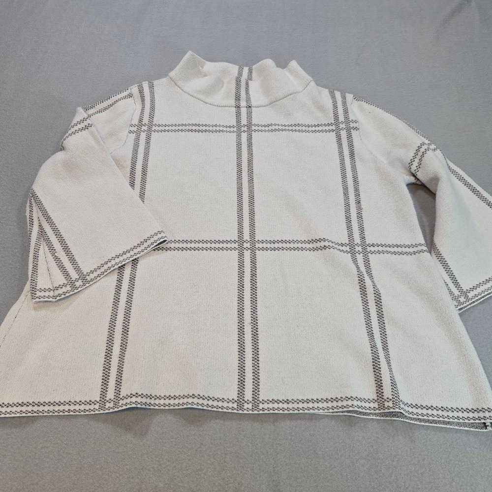 Fate Windowpane Plaid Mock Neck Sweater Womens M Cream Black Bell Sleeve FW6605